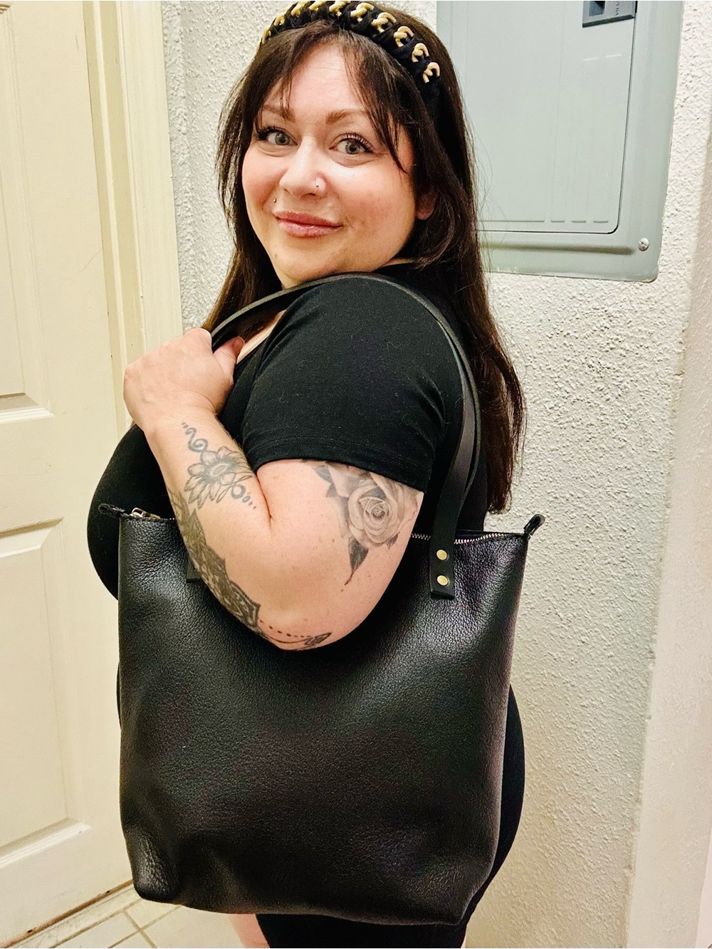 Portland Leather Goods Black Pebbled Leather Tote Bag Large Zip Top Shoulder Bag